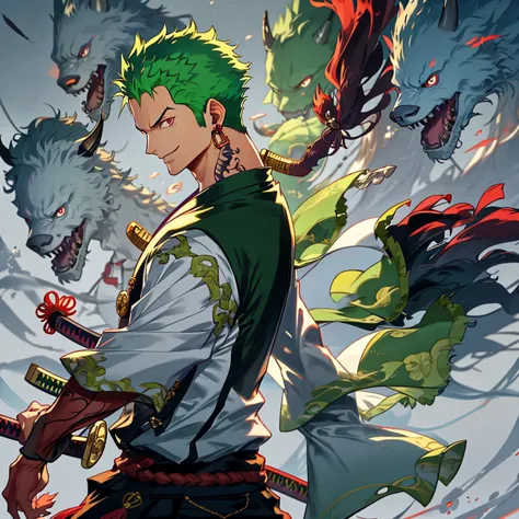 zoro, Solo, view the viewer, Smile, Short hair, Red eyes, 1boy, Holding, jewelry, Upper body, arma, Male focus, Earrings, Japane...