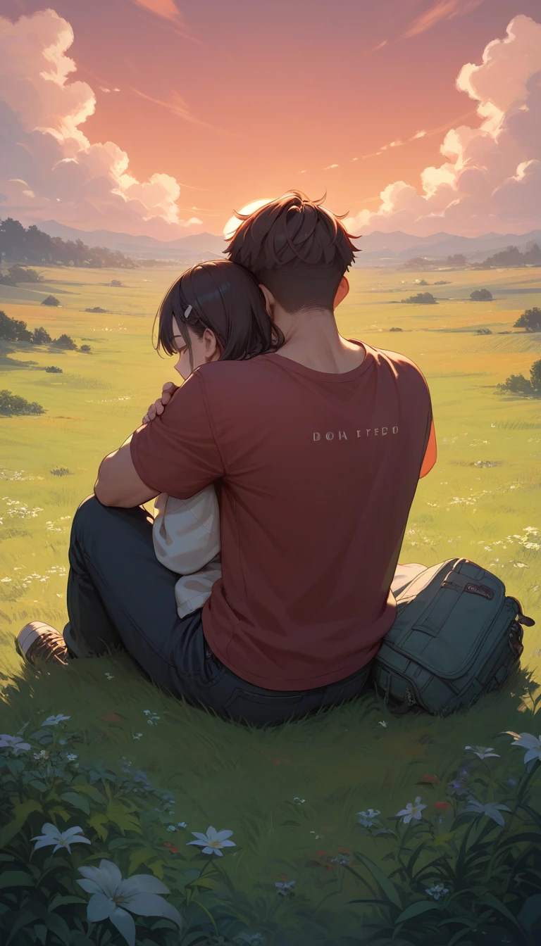 score_9, score_8_up, score_7_up, score_6_up, score_5_up, score_4_up, shot from behind, a big dog and a boy sitting side by side on a grassy hill watching the sunset, cuddling and hugging, a big bright red sunset, pale pastel colors in the background