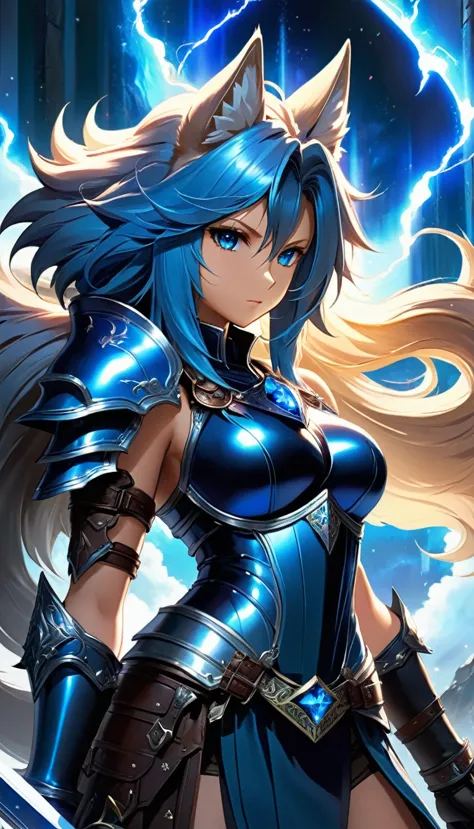 Ultra High Definition anime art, inspired by Final Fantasy VII, features a stunning goddess wolf therianthrope adventurer. She d...