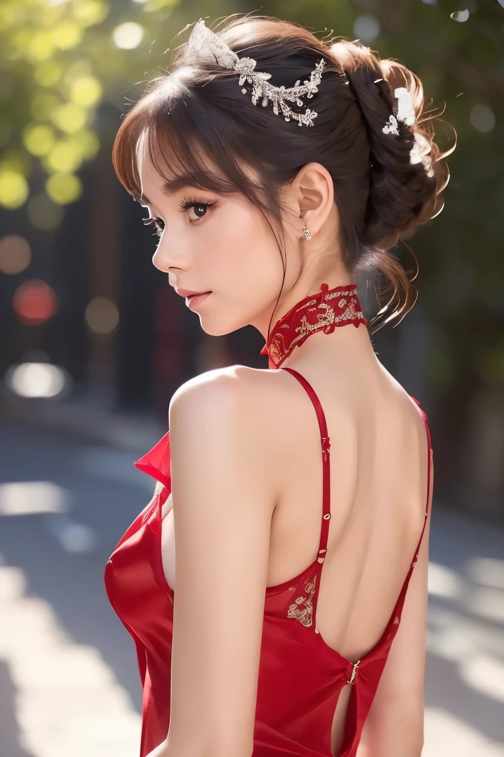 8K、 (A super sexy outfit in a sheer red color made of shiny silk), Enchanting Girl, Very detailed,Audrey Hepburn, Exquisite decorative details 、Pastel tones 、 Very intricate details 、 Realistic Light,Luxury Bridal Dress,(((sideboob)))、From the side、Elegant cuteness
