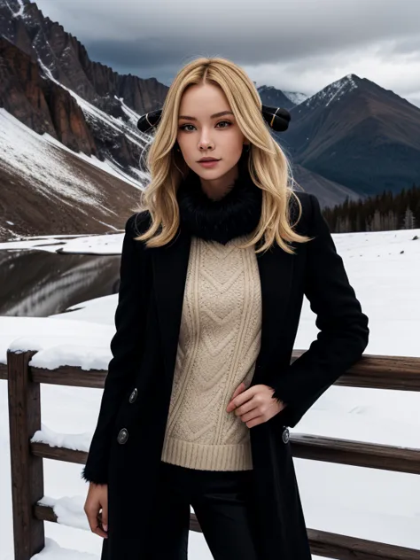 Cynthia,Long blonde hair, hair ornaments, Hair on one eye, Black coat, Black trousers,Fur collar, View your viewers, Severe, Are...