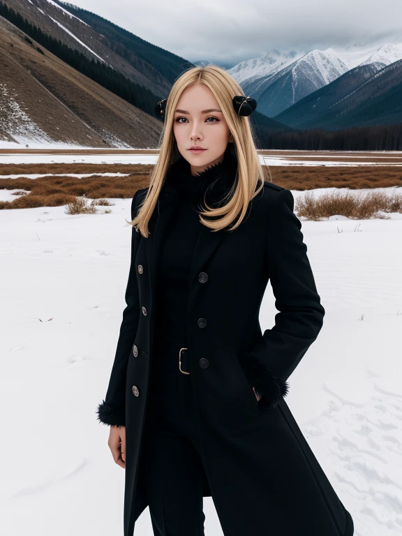 Cynthia,Long blonde hair, hair ornaments, Hair on one eye, Black coat, Black trousers,Fur collar, View your viewers, Severe, Are standing, Medium Shot, outside, Snow Mountain, cloudy, winter, high quality, masterpiece,No handrails,Black coat,Beauty