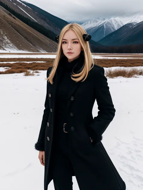 Cynthia,Long blonde hair, hair ornaments, Hair on one eye, Black coat, Black trousers,Fur collar, View your viewers, Severe, Are...