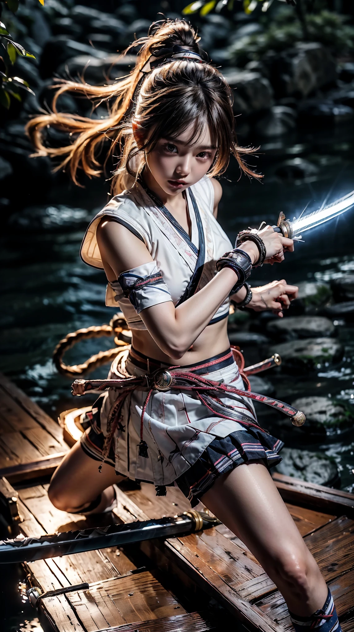 (Ultra HD, Highest quality, High resolution, Hyperrealistic, super beautiful), 24000dpi, Beautiful woman, high school girl, Long Tail, Headband, Well-formed eyes, Eyesight max, 18-year-old, Alluring, Completely American, perfect body, Physical Beauty, ((Japanese Sailor Suit:1.3, serafuku, Japanese style mini skirt)), (((hold, Electric Japanese Sword, Ancient Scabbard))), (Blue Lightning), Charge Move, ((Special move position)), All in one, Absurd, (((Anatomically correct))), whole body