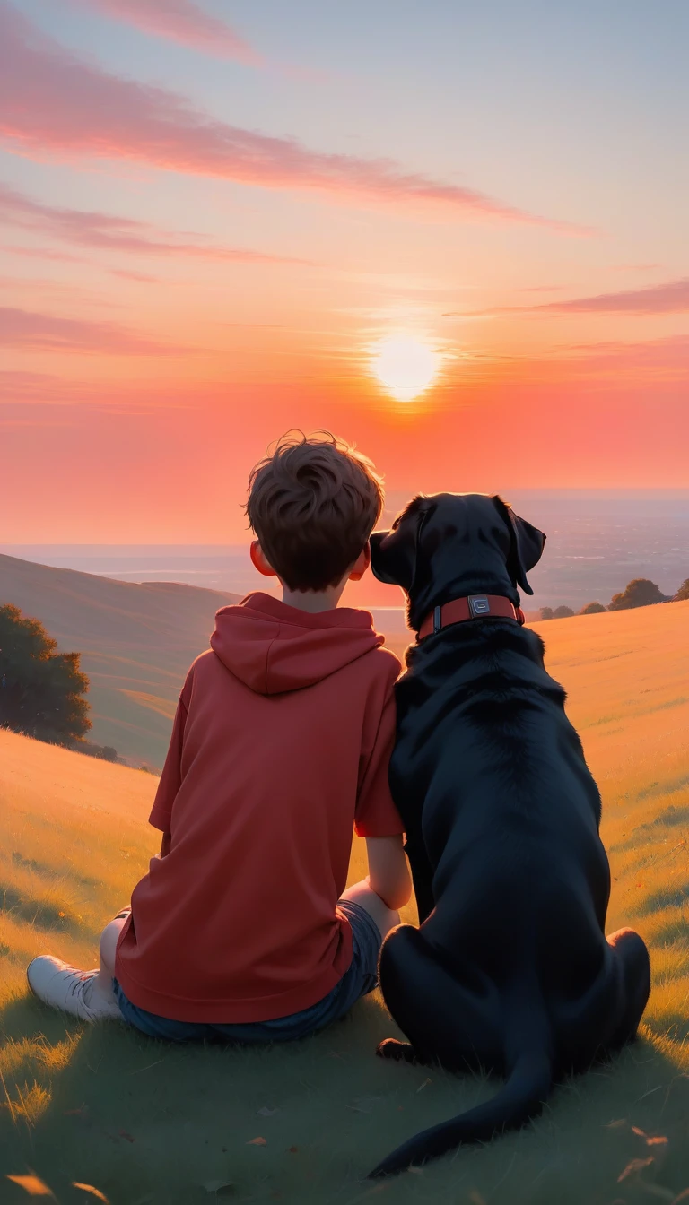 score_9, score_8_up, score_7_up, score_6_up, score_5_up, score_4_up, shot from behind, a big dog and a boy sitting side by side on a grassy hill watching the sunset, cuddling and hugging, a big bright red sunset, pale pastel colors in the background