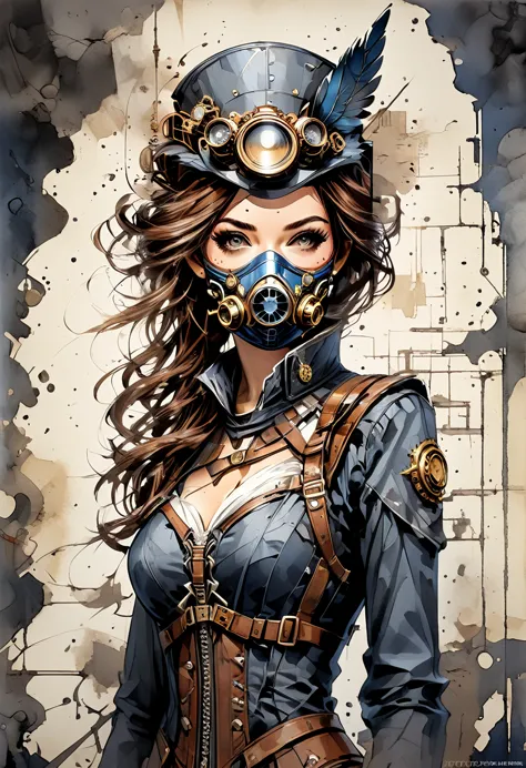female heroine in DC's Steampunk style mask, scantily clad, tight, whole body, (with flash-based masking), steampunk style, Anci...