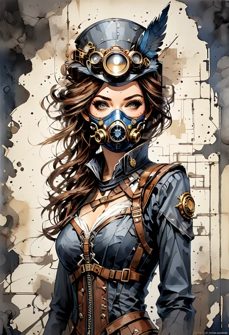 female heroine in dc's steampunk style mask, scantily clad, tight, whole body, (with flash-based masking), steampunk style, anci...