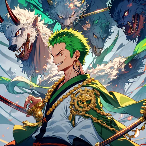 zoro, Solo, view the viewer, Smile, Short hair, Red eyes, 1boy, Holding, jewelry, Upper body, arma, Male focus, Earrings, Japane...