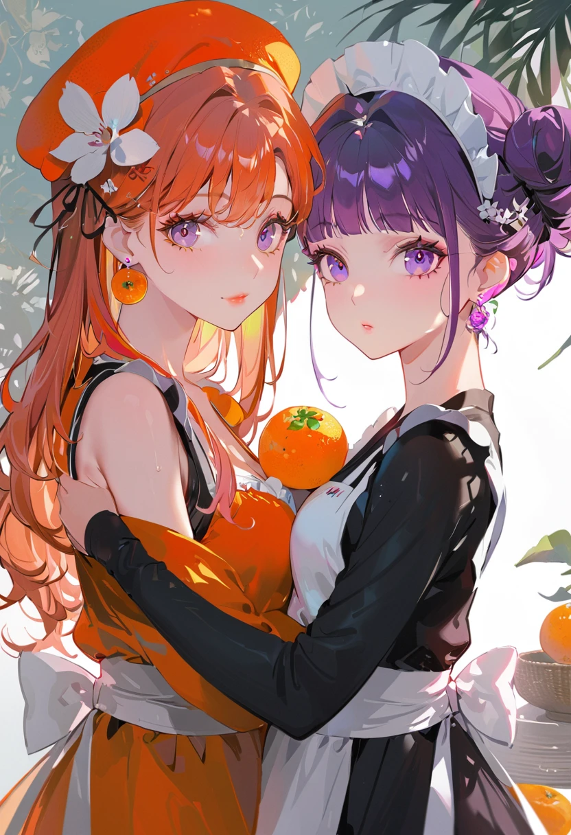 (Maid:1.5),(最高quality,Super detailed,High resolution:1.2),Purple hair girl painting、Glass mandarin orange earrings decorate both ears、One of them has ocean blue eyes、One of them is wearing a crab hat、((One has short red hair))、((Two beautiful girls with perfect faces)),((Two girls))、One of them has ocean pink purple eyes、One of them is wearing a tangerine hat.、very_Long eyelashes, Detailed lips, A radiant smile, Holding hands、Soft Skin, Shiny Hair,Vibrant Background, Natural light,The cutest girl in the world,Exquisite makeup,Pouting、((Hugging on a cushion))、Sit down, long hair、Bun hairstyle Beautiful, translucent white skin、Wet purple dress、Pink underwear is visible、Pink bra is visible through、Pink pants show through、quality\(8K,非常に精細なCGユニットのwallpaper, masterpiece,High resolution,top-quality,top-quality real texture skin,Super two-dimensional,Increase the resolution,RAW Photos,最高quality,Very detailed,wallpaper,Ray-tracing,Golden Ratio\),[Browsing Caution]