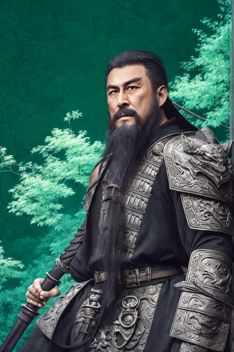 masculine, fully body, (green metal armor, metal dragon head on shoulder, holding sword, (colored fur, ), (long heavy black bear...