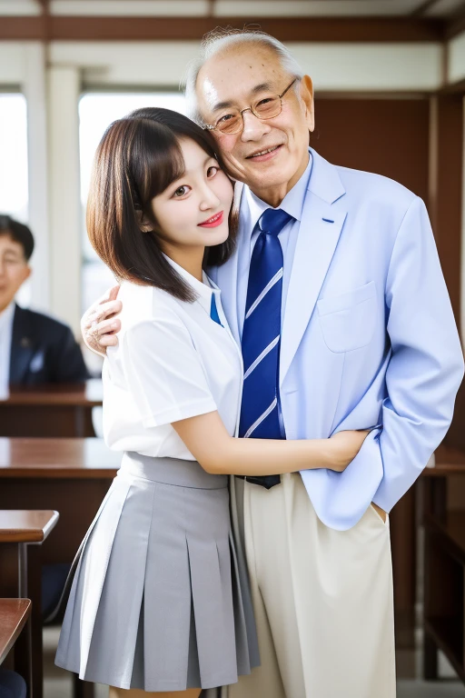 (((1 korean young girl and 1 old korean man cheek to cheek))), {1 korean girl、girl wearing high school Student uniform and tight grey mini skirt, Bright and very beautiful face、strikingly beautiful, eyes hook the soul seduces you, shiny white shiny skin、Best Looks、black hair, ((very short hair)), Very beautiful 1、Big eyes that shine crystal clear light blue、Beautiful cute beautiful girl, in the class room, standing, ((awe and joy expression)), (lift up skirt and show white panty) }, (full body), (((70 years old korean man wearing a business suit))), (((70 years old korean man hugging on korean young girl's waist))), (focus on 70 years old korean man),
