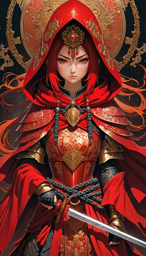 An ancient anthropomorphic goddess warrior, clad in a blood-red hooded cloak, exudes an aura of mystery and power. Her armor, co...