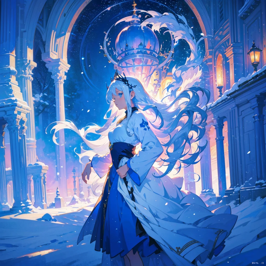 In a snowy landscape, there is a beautiful anime girl with long white hair and a blue dress. Her white hair is flowing and floating in the air, creating a mystical and ethereal atmosphere. She looks like a goddess with her enchanting appearance, exuding an aura of youth and beauty. The artwork is in a fantasy anime style, depicting the girl in a whimsical and magical setting. The flowing and glowing hair adds a touch of radiance and grace to the character. The overall artwork is a beautiful digital masterpiece, showcasing the beauty of anime art. The girl can be portrayed as a fantasy queen, radiating elegance and power. The artwork can also incorporate elements of 2.5D CGI, adding depth and realism to the fantasy anime art piece. The color scheme is vibrant and vivid, with the snowy landscape and the girl's blue dress contrasting against the white hair. The lighting in the artwork is soft and ethereal, capturing the magical ambiance of the scene.