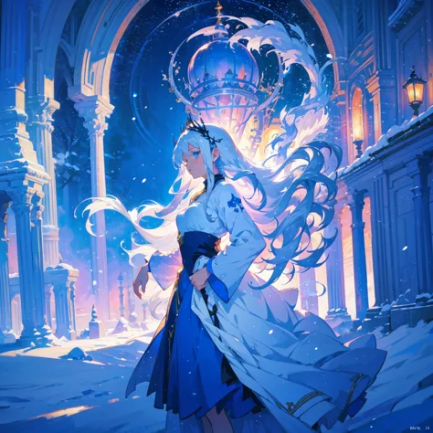In a snowy landscape, there is a beautiful anime girl with long white hair and a blue dress. Her white hair is flowing and float...