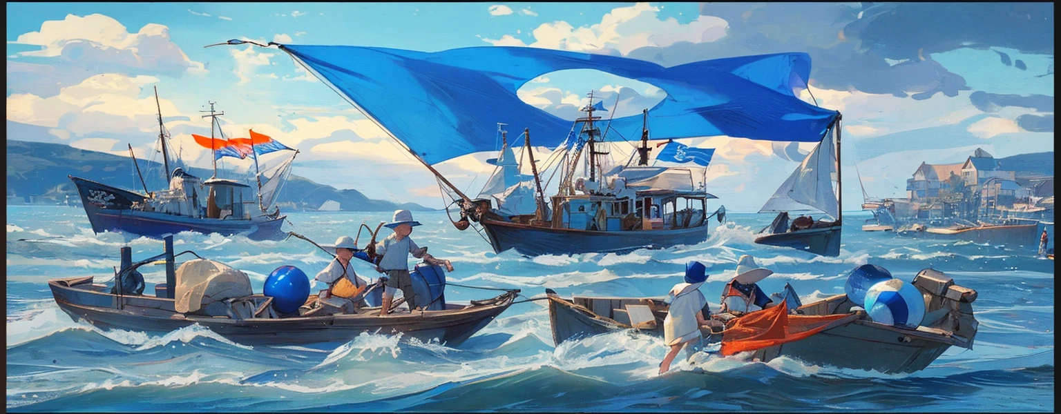 fishermen standing on fishing boats, festivals, flags,Blue Coast, beach, by Bill_Brauer, best quality, masterpiece, very aesthetic, perfect composition, intricate details, ultra-detailed