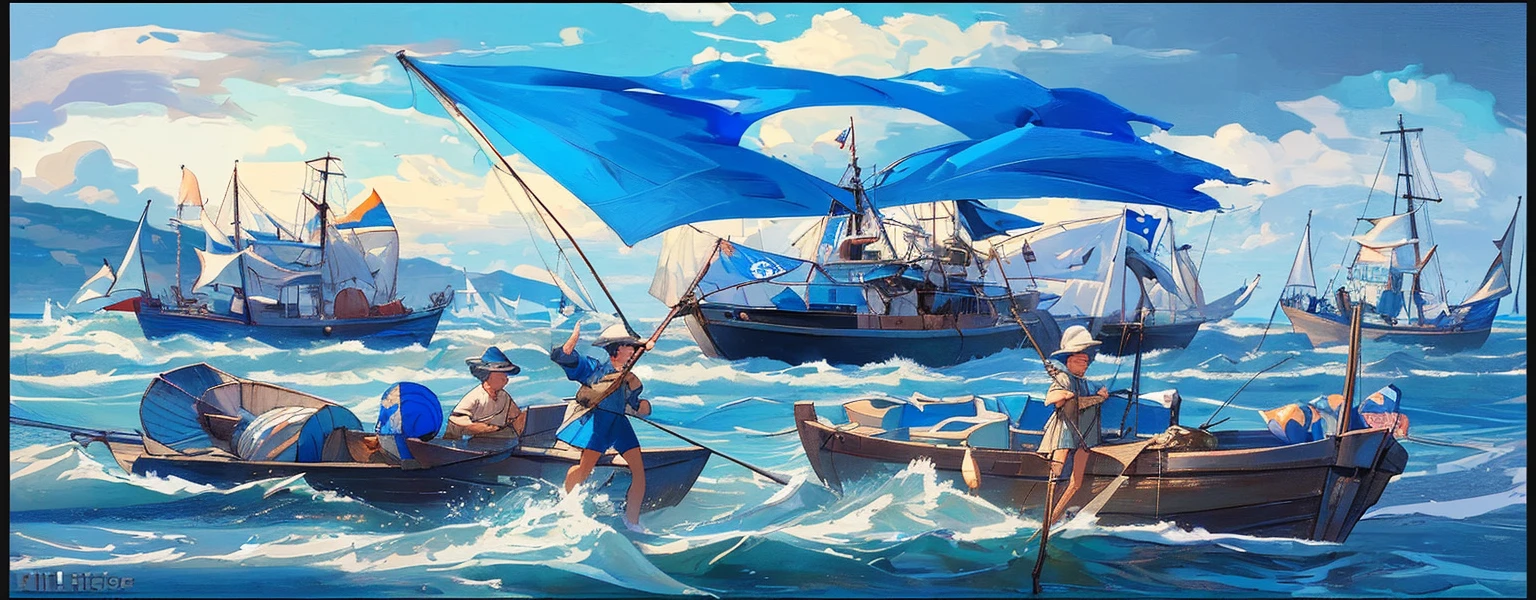 fishermen standing on fishing boats, festivals, flags,Blue Coast, beach, by Bill_Brauer, best quality, masterpiece, very aesthetic, perfect composition, intricate details, ultra-detailed