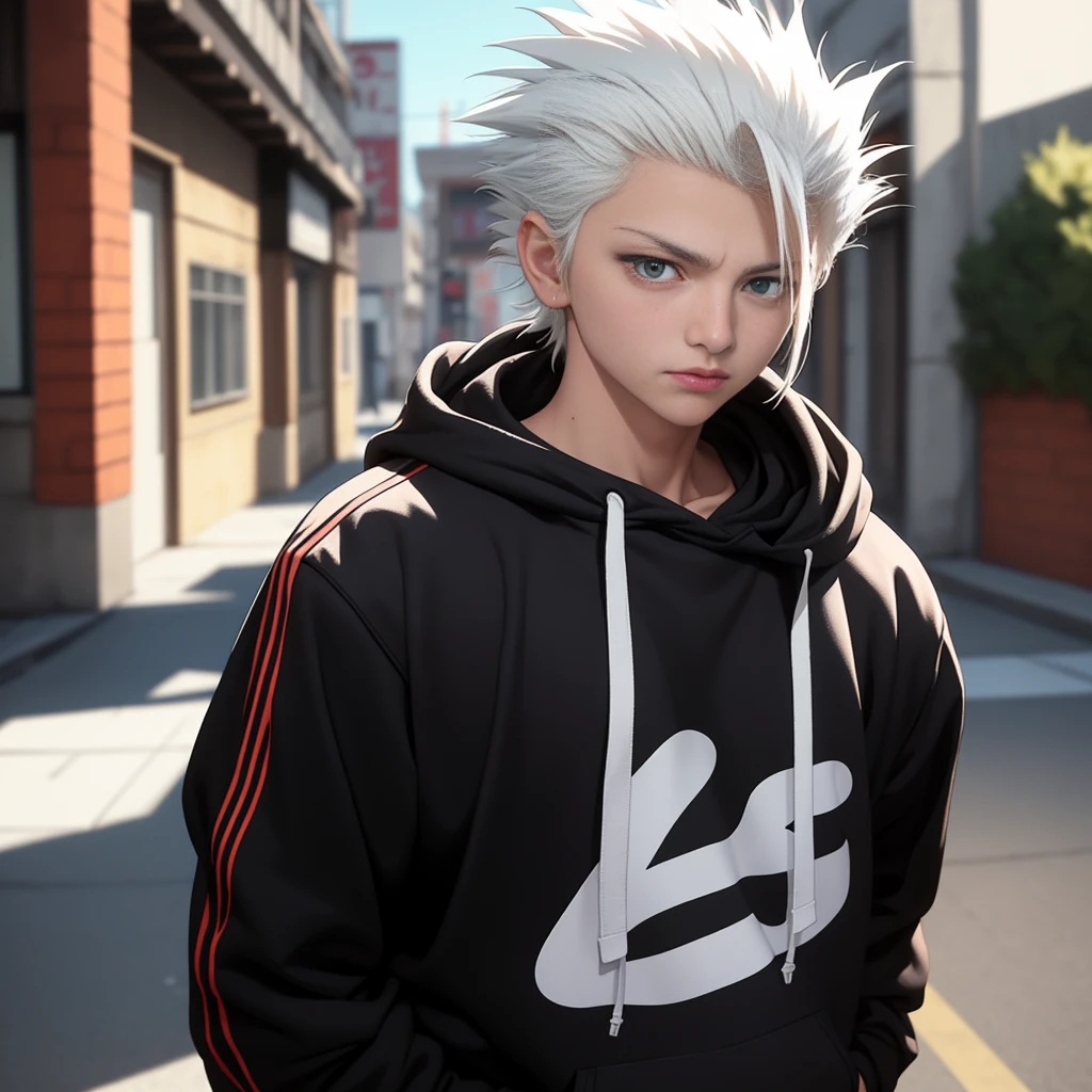 obra de arte, melhor qualidade, alta qualidade, 1 menino, Sozinho, foco masculino, Olhando para o visualizador, tronco, hitsugaya_Toushirou, vestindo moletom com capuz streetwear, iluminação dinâmica, fundo desfocado