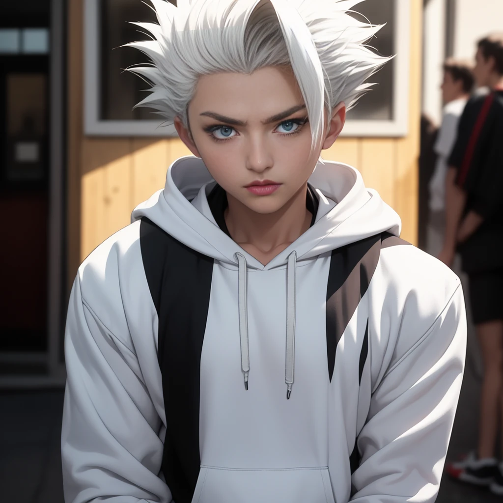 obra de arte, melhor qualidade, alta qualidade, 1 menino, Sozinho, foco masculino, Olhando para o visualizador, tronco, hitsugaya_Toushirou, vestindo moletom com capuz streetwear, iluminação dinâmica, fundo desfocado