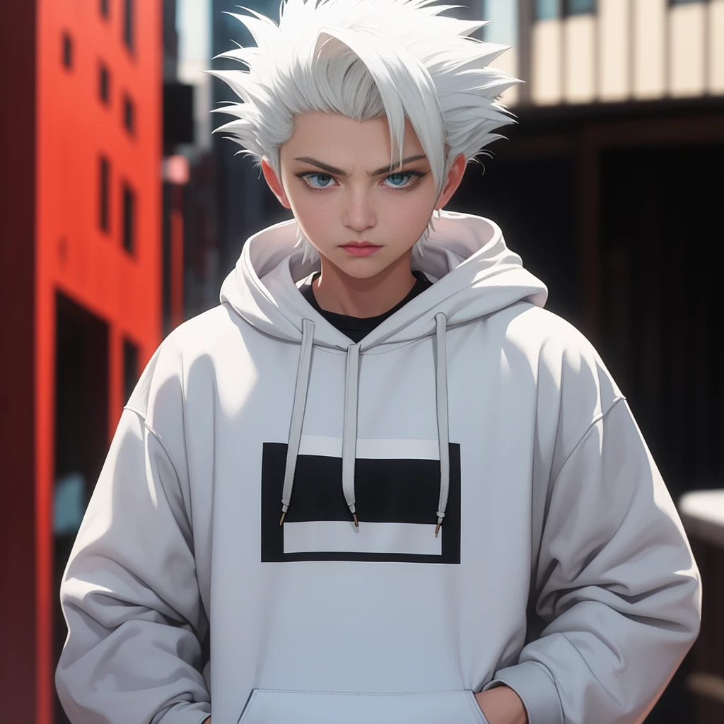 Meisterwerk, beste Qualität, gute Qualität, 1 Junge, Allein, männlicher Fokus, Betrachter betrachten, Oberkörper, hitsugaya_toushirou, trage Streetwear Hoodie, dynamische Beleuchtung, unscharfer Hintergrund