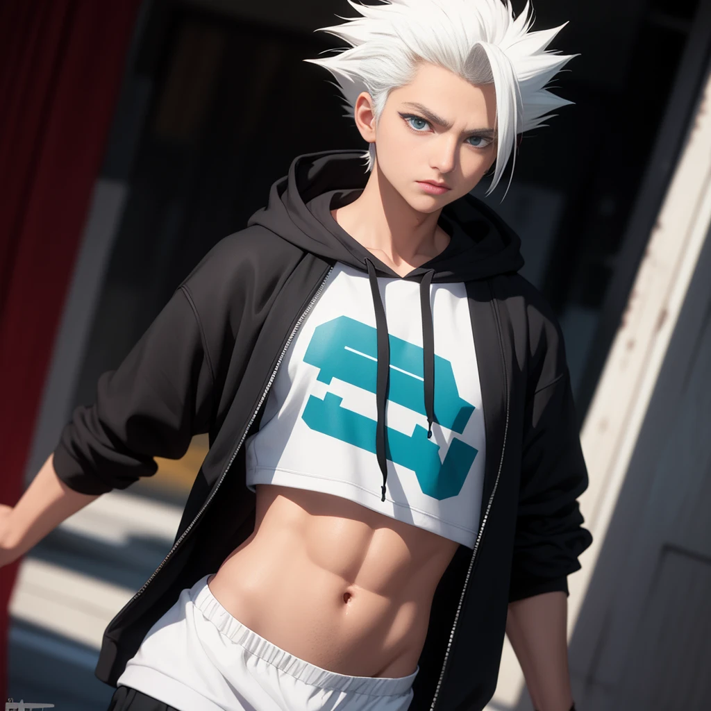 obra de arte, melhor qualidade, alta qualidade, 1 menino, Sozinho, foco masculino, Olhando para o visualizador, tronco, hitsugaya_Toushirou, vestindo moletom com capuz streetwear, iluminação dinâmica, fundo desfocado