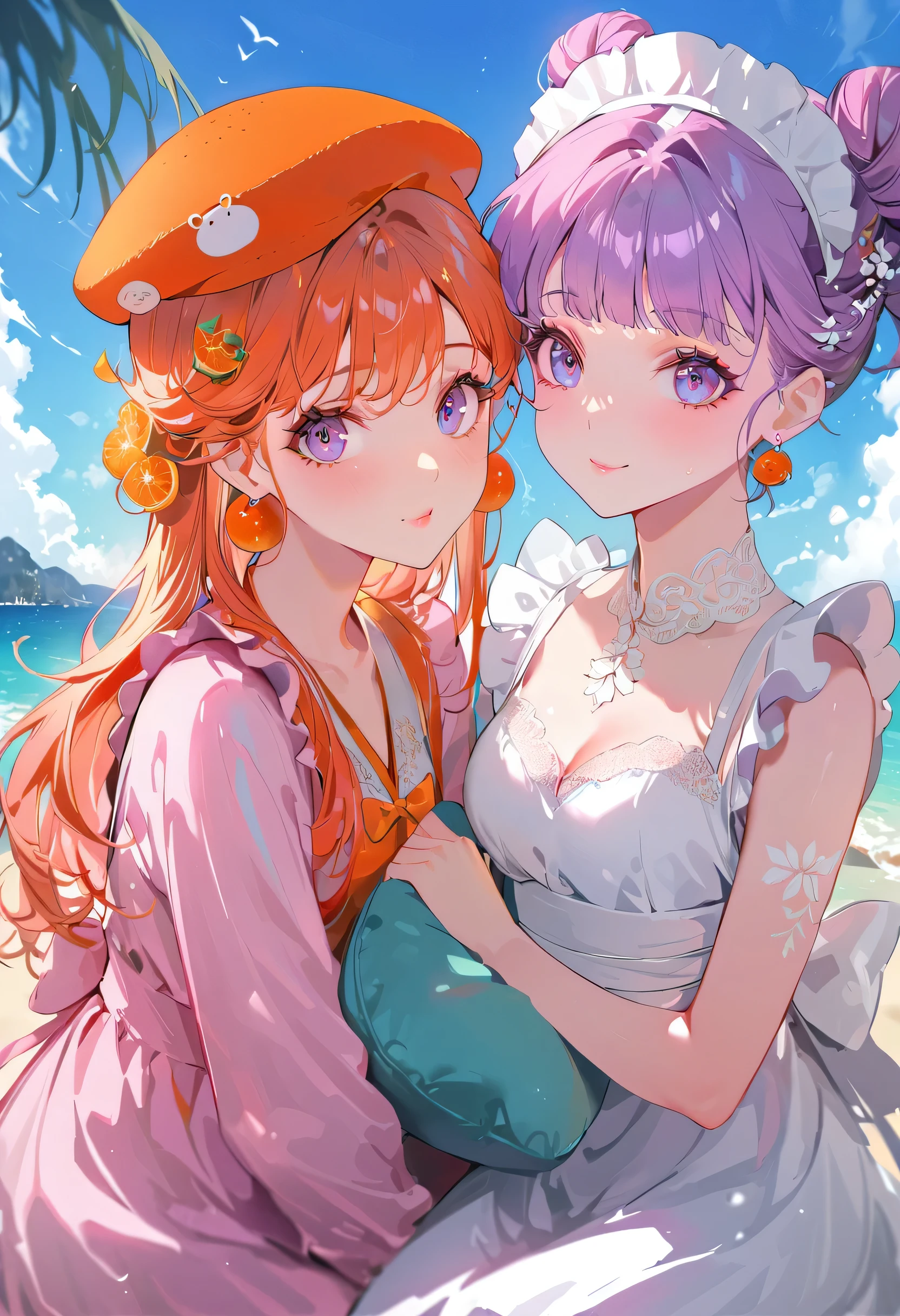 (Maid:1.5),(highest quality,Super detailed,High resolution:1.2),Purple hair girl painting、Glass mandarin orange earrings decorate both ears、One of them has ocean blue eyes、One of them is wearing a crab hat、((One has short red hair))、((Two beautiful girls with perfect faces)),((Two girls))、One of them has ocean pink purple eyes、One of them is wearing a tangerine hat.、very_Long eyelashes, Detailed lips, A radiant smile, Holding hands、Soft Skin, Shiny Hair,Vibrant Background, Natural light,The cutest girl in the world,Exquisite makeup,Pouting、((Hugging on a cushion))、Sit down, long hair、Bun hairstyle Beautiful, translucent white skin、Wet purple dress、Pink underwear is visible、Pink bra is visible through、Pink pants show through、quality\(8K,Highly detailed CG unit wallpaper, masterpiece,High resolution,top-quality,top-quality real texture skin,Super two-dimensional,Increase the resolution,RAW Photos,highest quality,Very detailed,wallpaper,Ray-tracing,Golden Ratio\),[Browsing Caution]