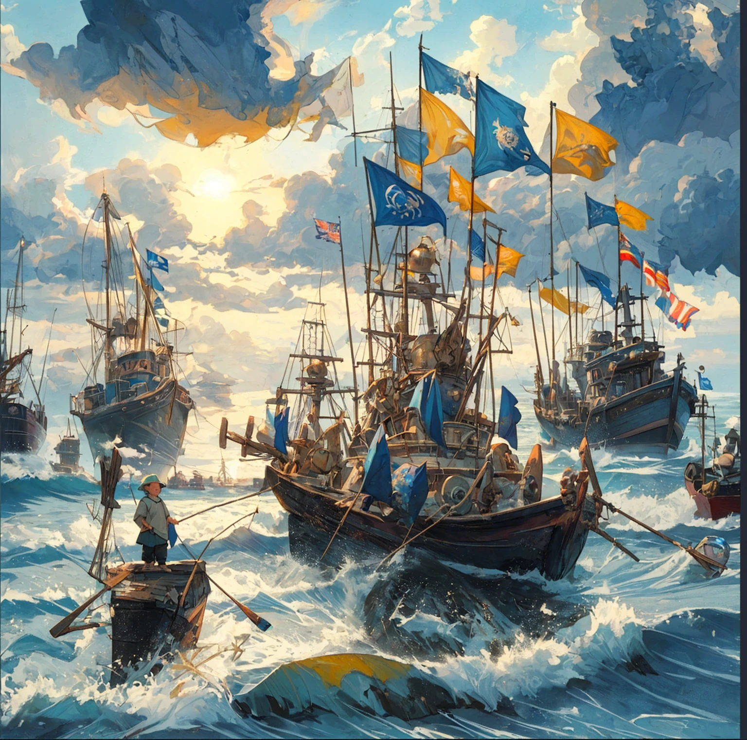 pescadores parados en barcos de pesca, festivales, banderas,Costa Azul, playa, por Bill_brauer, mejor calidad, obra maestra, muy estetico, composición perfecta, detalles intrincados, ultra detallado