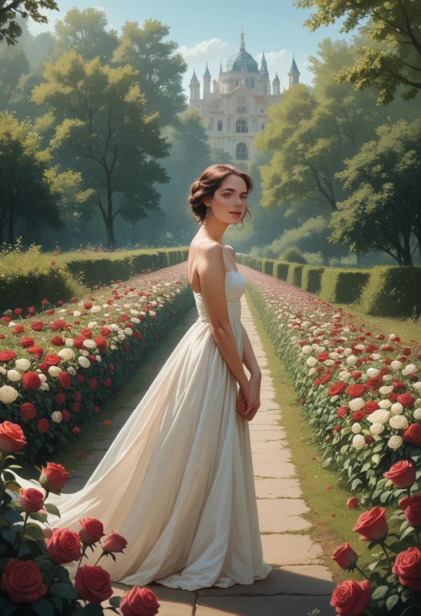 AlbedoBase XL 🎨 Dynamic, person, photorealistic, rose flowers scenery, 🔎 happy european woman in summer season