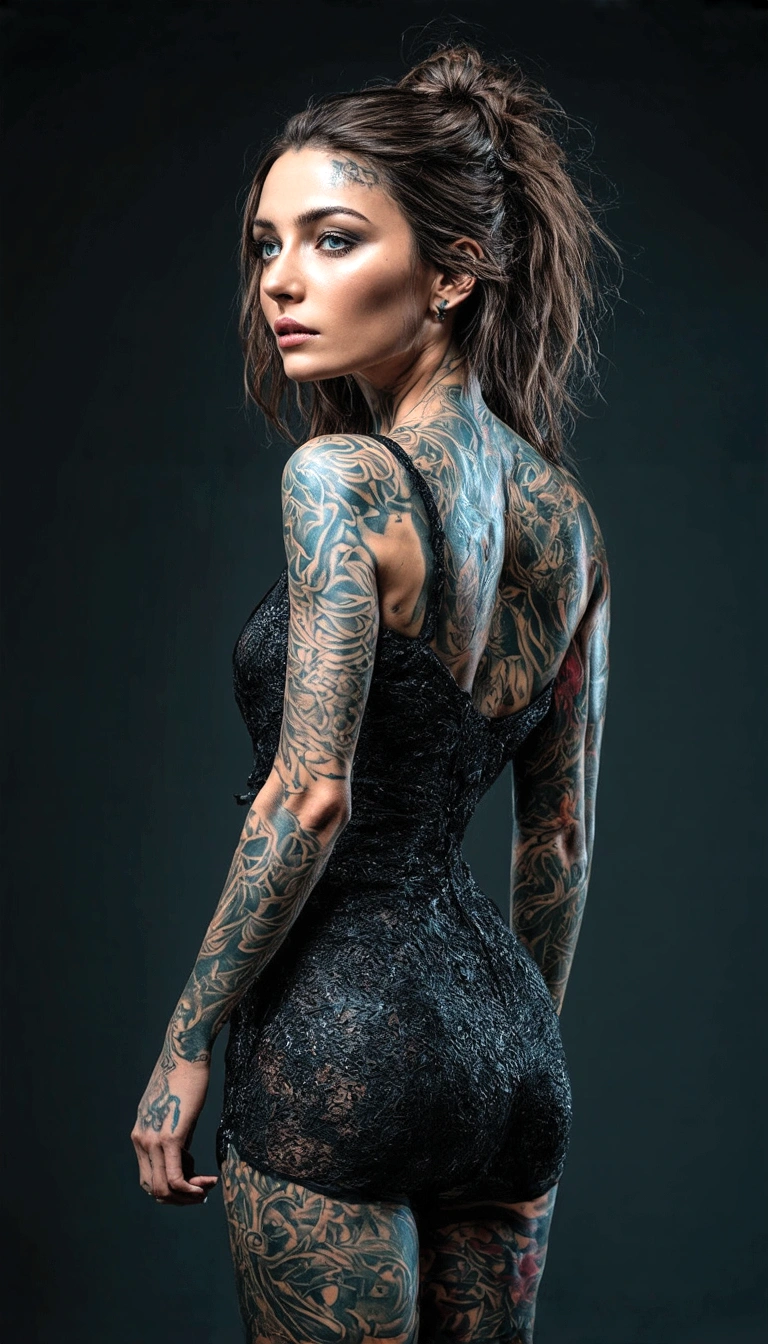 (Full body photography) "tattooed woman", approaching perfection, dynamic, highly detailed, smooth, sharp focus, art by Carne Griffiths and Wadim Kashin, trending in artstation, sharp focus, intricate details, highly detailed, by greg rutkowski, mysterious, epic, cinematic, hyperrealistic cinematographic art, still photography in the style of a detailed hyperrealism photo shoot, angle facing the viewer, (Long shot).
