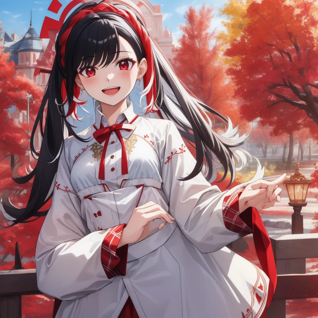 (masterpiece, best quality),  intricate details, 
1girl,black hair, Red eyes,  light red hair, white hair tips, 
small breasts, smiling, opened mouth, wear white shirt, long Sleeve shirt,  Red checkered shirt, Park background