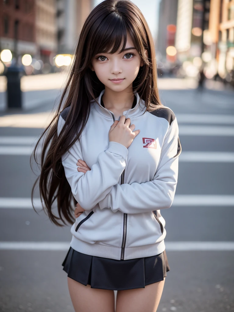 (8K, RAW Photos, Highest quality, masterpiece:1.2), (Realistic, photo-Realistic:1.4), (Highly detailed 8K wallpapers), ((Full Body Shot)), (1 girl), Sharp focus, Depth of written boundary, Cinematic lighting, Soft Light, The beauty of detail, eye_Chan, Very beautiful 17 year old girl, innocent big eyes, Realistic, photo Realistic, Highly detailed cute girl, (Thin thighs), (Model Body Type), 18-year-old, ((Track jacket)), (Micro Mini Tight Skirt), (((Fold your arms in front of your chest and act arrogantly))), ((A happy smile)), Parted lips, Watching the audience, (On the streets of New York) , (Brown Hair),（Long Bob Hair), (Asymmetrical bangs)