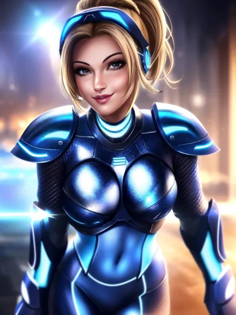 beautiful, masterpiece, best quality,perfect lighting,  novav2, 1girl, solo, bodysuit, armor, headgear, wink, smirk, looking at ...