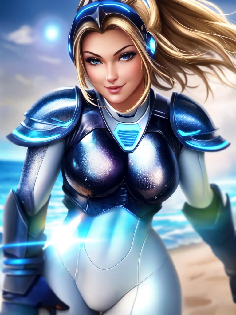 beautiful, masterpiece, best quality,perfect lighting,  NovaV2, 1girl, solo, bodysuit, armor, headgear, wink, smirk, looking at viewer, realistic, shiny,