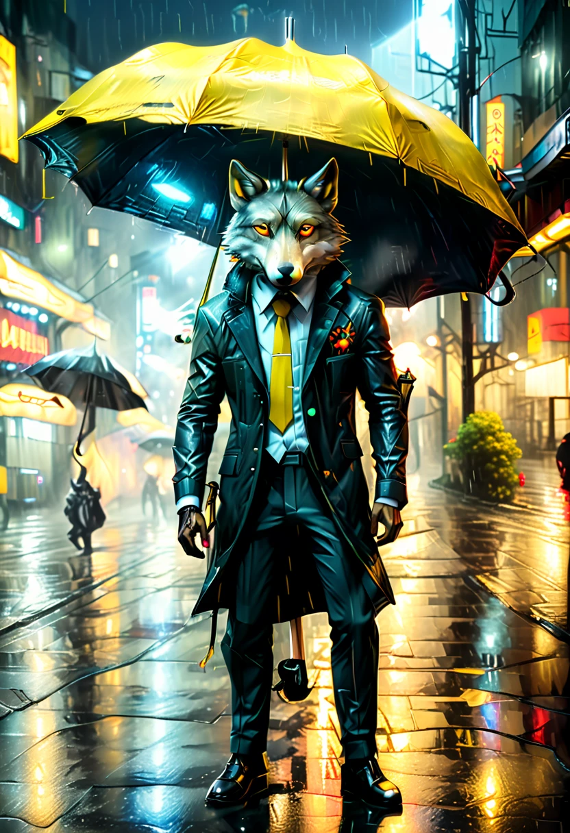 high details, best quality, 16k, RAW, [best detailed], masterpiece, best quality, (extremely detailed), full body, photorealistic, a picture of anthomprh wolf holding an umbrella in cyberpunk street at the rain at night, an epic anthomorph wolf with dynamoc color fur, red glowing eyes, howling to the moon at night, he wears an elegant suit and tie, dark pants, dynamic elegant pants, he is ((holding: 1.3) a yellow umbrella: 1.3) , in a dark cyberpunk street at night there is a full moon, it is raining, (highest quality:1.2, Very detailed, up to date, Vibrant, Ultra-high resolution, High Contrast, masterpiece:1.2, highest quality, Best aesthetics), best details, best quality, highres, dynamic angle, 16k, [ultra detailed], masterpiece, best quality, (extremely detailed: 1.5), Intense gaze, xh