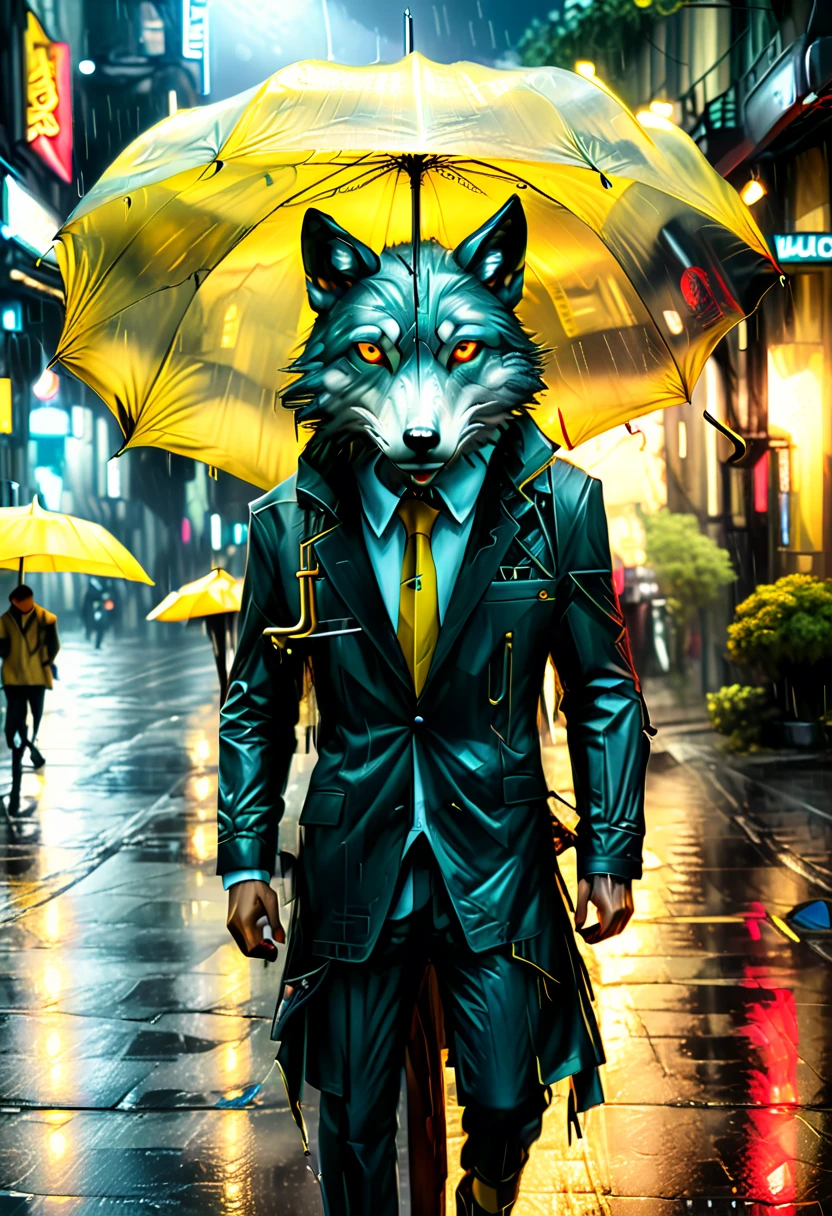 high details, best quality, 16k, RAW, [best detailed], masterpiece, best quality, (extremely detailed), full body, photorealistic, a picture of anthomprh wolf holding an umbrella in cyberpunk street at the rain at night, an epic anthomorph wolf with dynamoc color fur, red glowing eyes, howling to the moon at night, he wears an elegant suit and tie, dark pants, dynamic elegant pants, he is ((holding: 1.3) a yellow umbrella: 1.3) , in a dark cyberpunk street at night there is a full moon, it is raining, (highest quality:1.2, Very detailed, up to date, Vibrant, Ultra-high resolution, High Contrast, masterpiece:1.2, highest quality, Best aesthetics), best details, best quality, highres, dynamic angle, 16k, [ultra detailed], masterpiece, best quality, (extremely detailed: 1.5), Intense gaze, xh