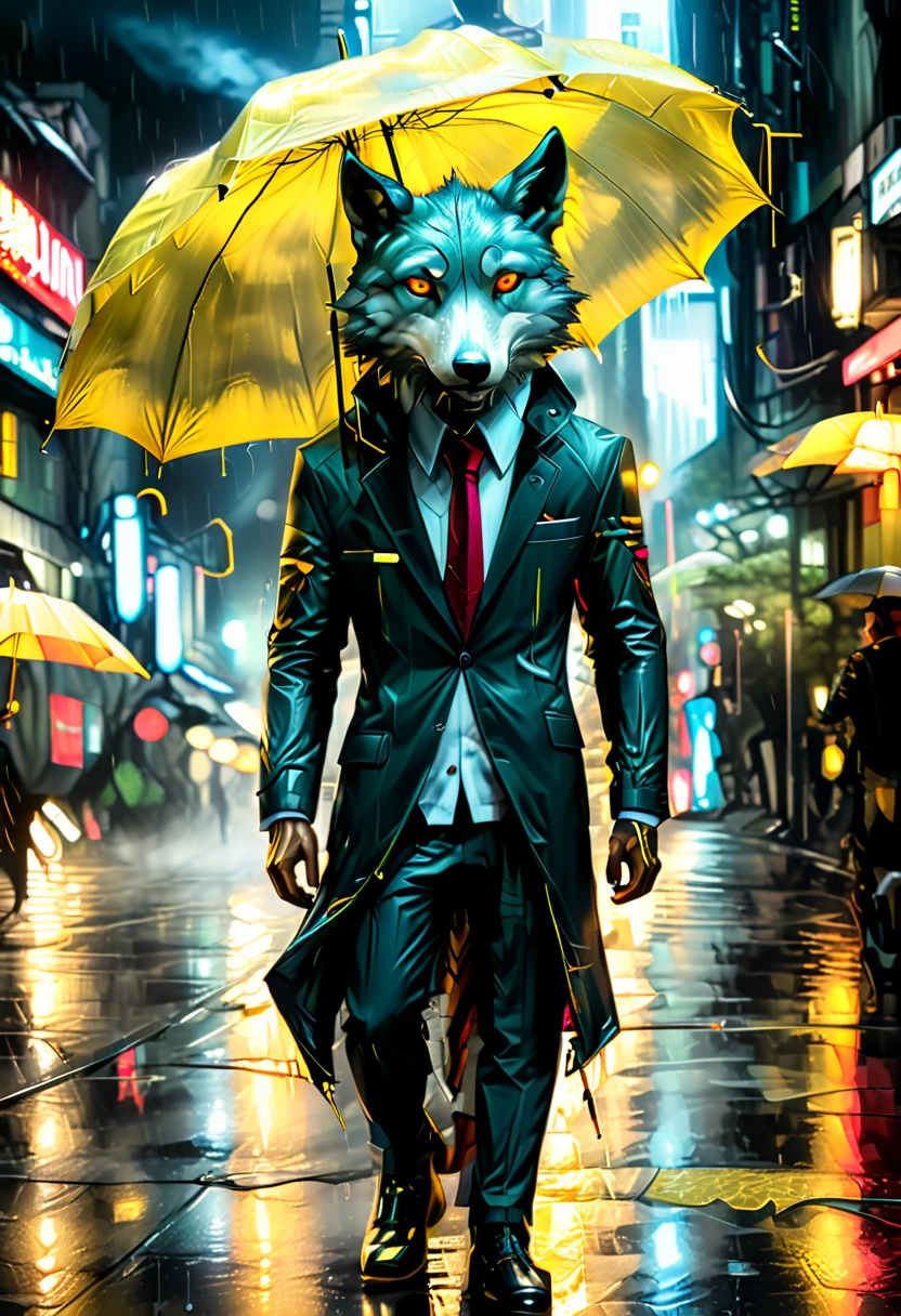 high details, best quality, 16k, RAW, [best detailed], masterpiece, best quality, (extremely detailed), full body, photorealistic, a picture of anthomprh wolf holding an umbrella in cyberpunk street at the rain at night, an epic anthomorph wolf with dynamoc color fur, red glowing eyes, howling to the moon at night, he wears an elegant suit and tie, dark pants, dynamic elegant pants, he is ((holding: 1.3) a yellow umbrella: 1.3) , in a dark cyberpunk street at night there is a full moon, it is raining, (highest quality:1.2, Very detailed, up to date, Vibrant, Ultra-high resolution, High Contrast, masterpiece:1.2, highest quality, Best aesthetics), best details, best quality, highres, dynamic angle, 16k, [ultra detailed], masterpiece, best quality, (extremely detailed: 1.5), Intense gaze, xh