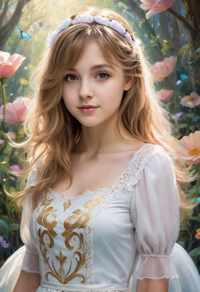A young woman, approximately 20 years old, stands proudly in a white mini dress, her light brown hair flowing around her like a soft halo. Her sparkling light brown eyes hold a mischievous glint, pulling you into her whimsical world. This Alice in Wonderland-inspired character comes to life in a stunning anime painting, where every brushstroke captures her youth and enchantment. The intricate details showcase her delicate features, from the rosy blush on her cheeks to the intricate lace trimming on her dress. The artist skillfully juxtaposes her innocence with a sense of curiosity, making her vibrant image resonate with viewers. It is a breathtaking masterpiece, radiating with the brilliance that only a high-quality painting can convey.