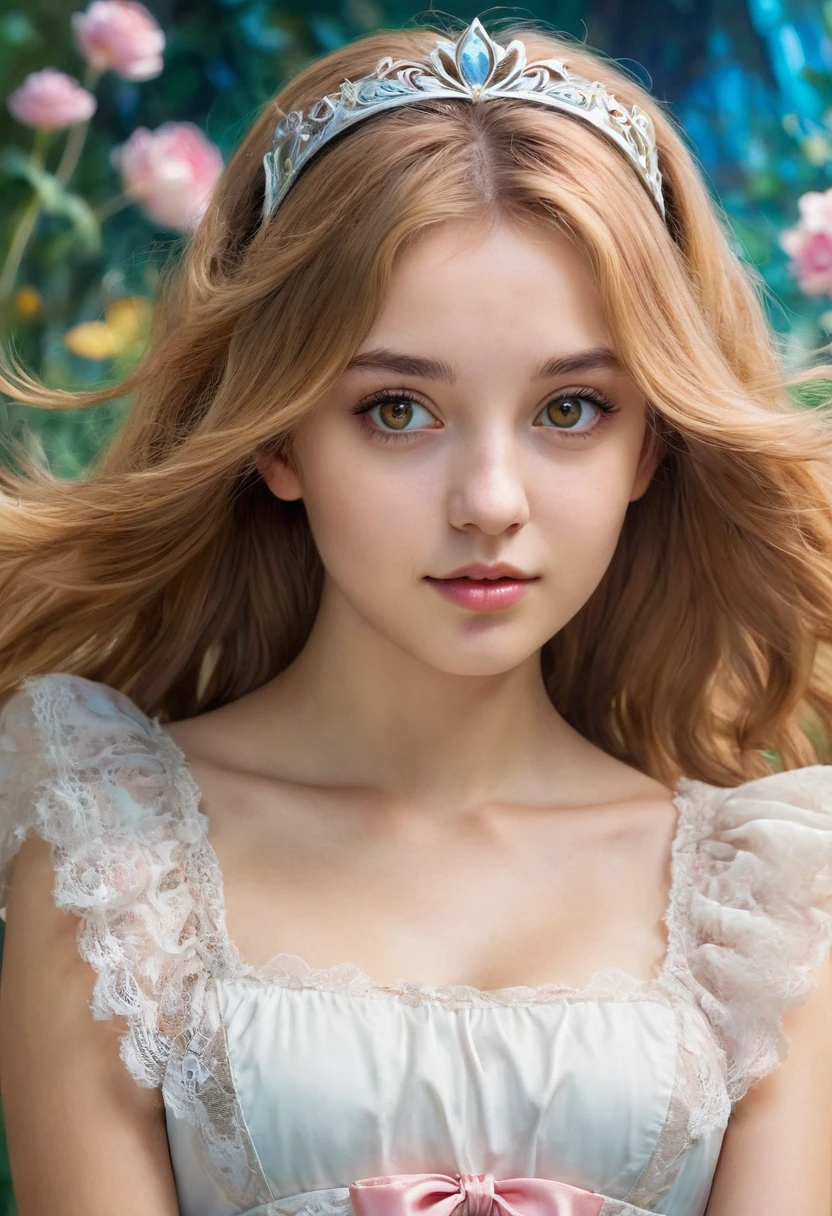 A young woman, approximately 20 years old, stands proudly in a white mini dress, her light brown hair flowing around her like a soft halo. Her sparkling light brown eyes hold a mischievous glint, pulling you into her whimsical world. This Alice in Wonderland-inspired character comes to life in a stunning anime painting, where every brushstroke captures her youth and enchantment. The intricate details showcase her delicate features, from the rosy blush on her cheeks to the intricate lace trimming on her dress. The artist skillfully juxtaposes her innocence with a sense of curiosity, making her vibrant image resonate with viewers. It is a breathtaking masterpiece, radiating with the brilliance that only a high-quality painting can convey.