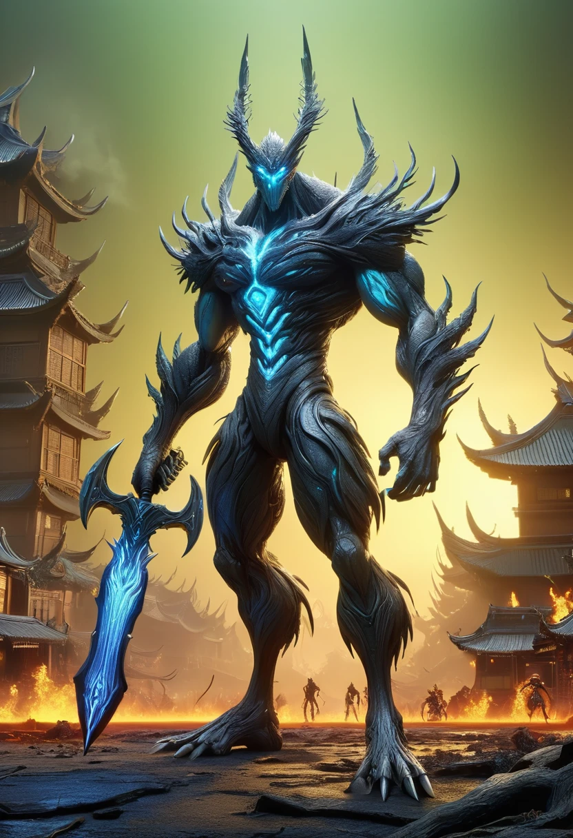 Refine and enhance the following anime-style character design: Body: Muscular and large build, with detailed muscle definition - Weapon: Holding a large, spiked iron club, A monster with glowing eyes and claws stands in front of the village, Fluid Wind Oak Chinese Arboreal Hydra, lava surface, Insect-like , wasteland, Camera angle: Wide shot to capture the full figure, whole body, upright posture, (Toe), (Finger detail on both hands)
