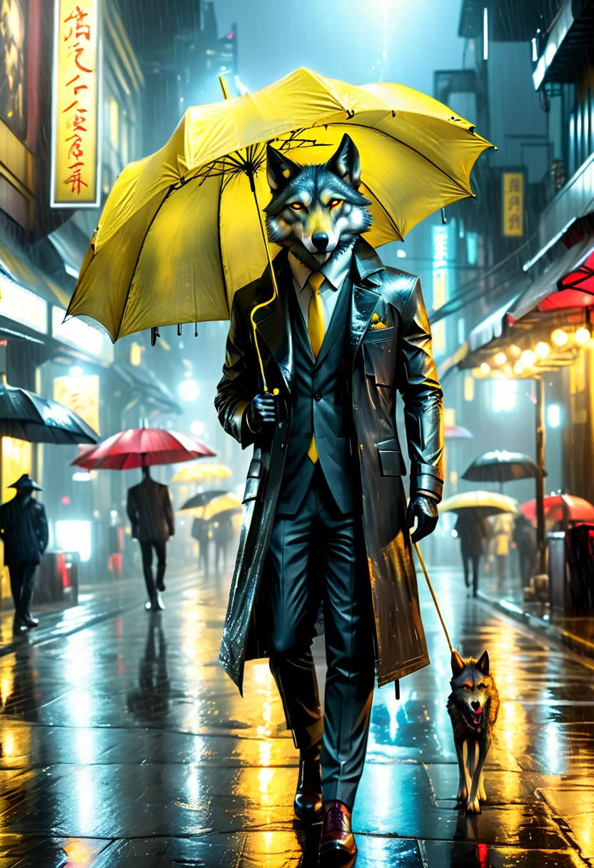 high details, best quality, 16k, RAW, [best detailed], masterpiece, best quality, (extremely detailed), full body, photorealistic, a picture of anthomprh wolf holding an umbrella in cyberpunk street at the rain at night, an epic anthomorph wolf with dynamoc color fur, red glowing eyes, howling to the moon at night, he wears an elegant suit and tie, dark pants, dynamic elegant pants, he is (holding a yellow umbrella: 1.3) , in a dark cyberpunk street at night there is a full moon, it is raining, (highest quality:1.2, Very detailed, up to date, Vibrant, Ultra-high resolution, High Contrast, masterpiece:1.2, highest quality, Best aesthetics), best details, best quality, highres, dynamic angle, 16k, [ultra detailed], masterpiece, best quality, (extremely detailed: 1.5), Intense gaze, xh, hand holding umbrella