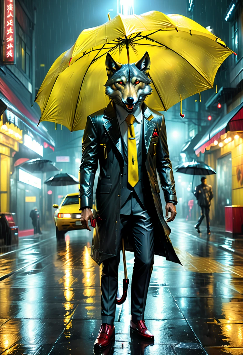 high details, best quality, 16k, RAW, [best detailed], masterpiece, best quality, (extremely detailed), full body, photorealistic, a picture of anthomprh wolf holding an umbrella in cyberpunk street at the rain at night, an epic anthomorph wolf with dynamoc color fur, red glowing eyes, howling to the moon at night, he wears an elegant suit and tie, dark pants, dynamic elegant pants, he is (holding a yellow umbrella: 1.3) , in a dark cyberpunk street at night there is a full moon, it is raining, (highest quality:1.2, Very detailed, up to date, Vibrant, Ultra-high resolution, High Contrast, masterpiece:1.2, highest quality, Best aesthetics), best details, best quality, highres, dynamic angle, 16k, [ultra detailed], masterpiece, best quality, (extremely detailed: 1.5), Intense gaze, xh, hand holding umbrella