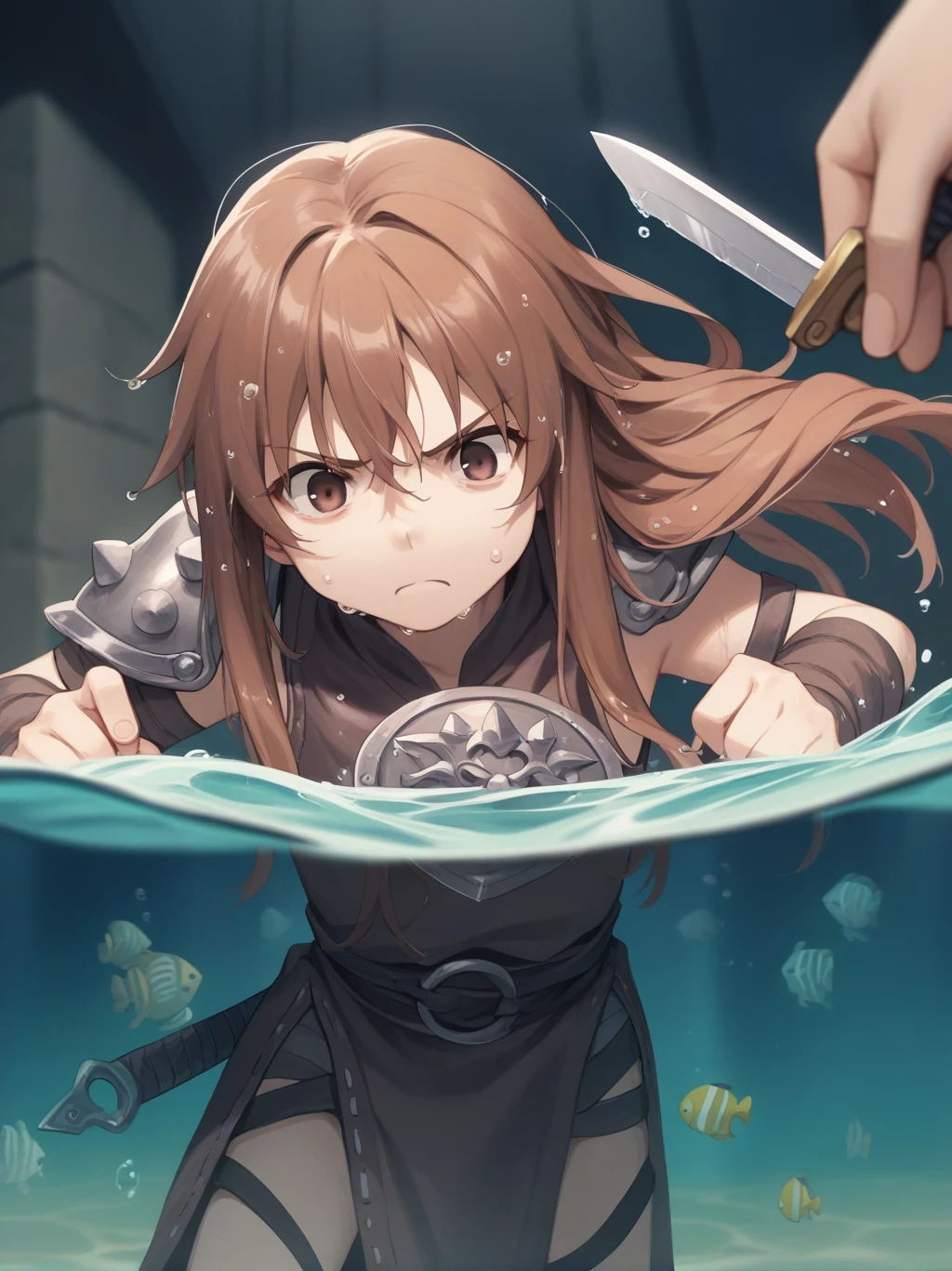 Partially underwater,最high quality,high quality, 4-year-old, , Long Hair, Brown Hair, Wet Hair,  Blurred Edges,Flat Chest,Pitch-dark underground labyrinth,No light,Leather armor,Equipped with a dagger and a shield,Face above water,Body in water, Underwater Photography,The robe rolls up due to buoyancy,Painful face