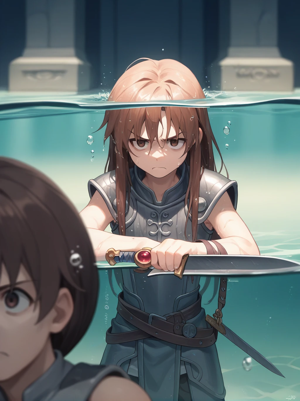 Partially underwater,最high quality,high quality, 4-year-old, , Long Hair, Brown Hair, Wet Hair,  Blurred Edges,Flat Chest,Pitch-dark underground labyrinth,No light,Leather armor,Equipped with a dagger and a shield,Face above water,Body in water, Underwater Photography,The robe rolls up due to buoyancy,Painful face