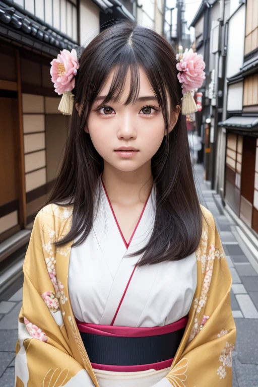 one girl, (a beauty girl, delicate girl:1.3), (16 years old, change:1.3),
break, (Long-sleeved kimono, Flower pattern kimono:1.3),(Brown fox ears)
break, Very fine grain definition, (Symmetrical eyes:1.3),
break, (alley, In Kyoto:1.3), perfectly trimmed fingers,
break, Small breasts, Brown eyes, Parted bangs, Brown Hair,  girl,
break, (Eye and facial details:1.0),
break, (masterpiece, Highest quality, Super detailed, Detailed face, 8K)