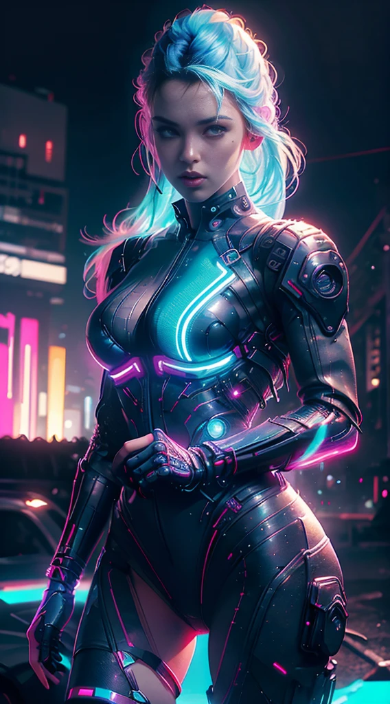 A girl，Dress up sexy，Future techwear，mechanical prosthesiechanical skeleton，  evening， A cyberpunk city in ruins， Neon Billboard， Better image quality， Maximum clarity and clarity， ultrarealistic realism， high detail， AFoFuturismo，Contrast of light and shadow， Cinmatic Lighting， ray tracing， Luz reFlectante， cowboy lens， F/4.0 ,blu hair big ,neon lights , retroFuturistic mechanic suit ,muscle woman ,wings,hair iluminated with blue light neon