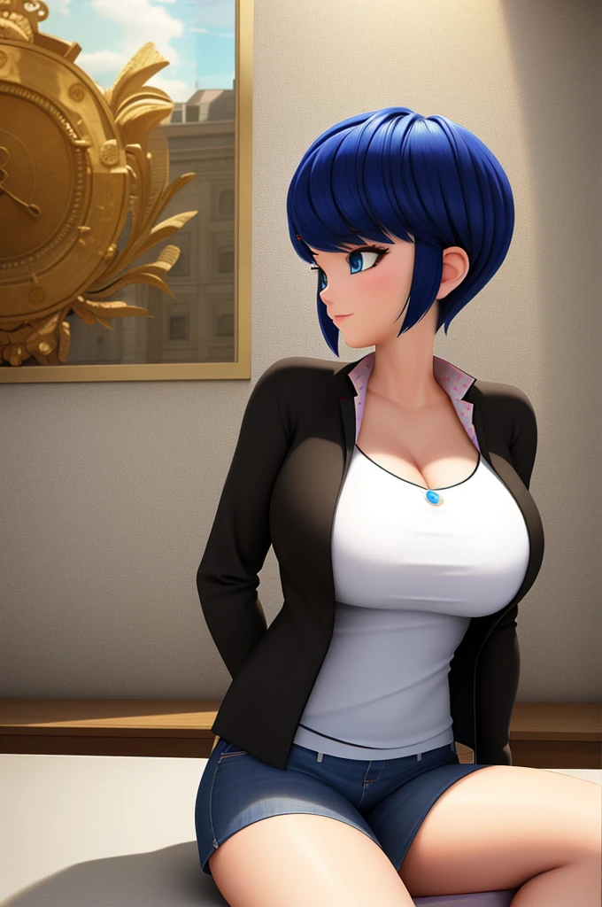 (8k, RAW photo, best quality, masterpiece:1.2), (intricate details), perfect eyes, perfect face, perfect lighting, beautiful, (masterpiece:1.2), (best quality:1.2), 1girl, Marinette, blue hair, ((short hair down)), adult torso, 19 years old, slight smile, huge sized breasts, cowboy shot, 3DMM, sitting on desk, business dress, side view,