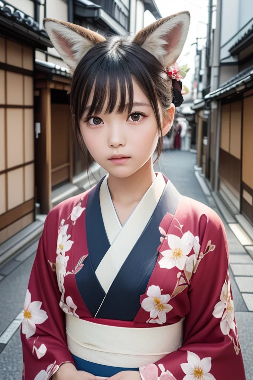 (Brown fox ears)、one girl, (a beauty girl, delicate girl:1.3), (12 years old, change:1.3),
break, (Long-sleeved kimono, Flower pattern kimono:1.3),(Brown fox ears)
break, Very fine grain definition, (Symmetrical eyes:1.3),
break, (alley, In Kyoto:1.3), perfectly trimmed fingers,
break, Small breasts, Brown eyes, Parted bangs, Brown Hair,  girl,
break, (Eye and facial details:1.0),
break, (masterpiece, Highest quality, Super detailed, Detailed face, 8K)