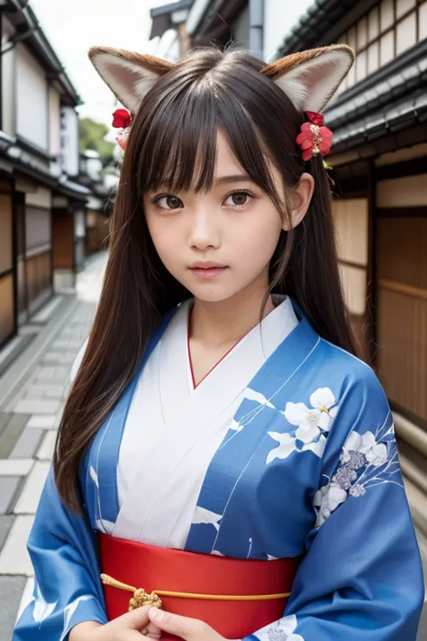 Brown fox ears、one girl, (a beauty girl, delicate girl:1.3), (12 years old, change:1.3),
break, (Long-sleeved kimono, Flower pat...