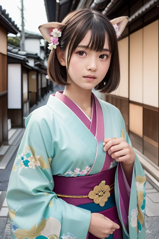 Brown fox ears、one girl, (a beauty girl, delicate girl:1.3), (12 years old, change:1.3),
break, (Long-sleeved kimono, Flower pattern kimono:1.3),(Brown fox ears)
break, Very fine grain definition, (Symmetrical eyes:1.3),
break, (alley, In Kyoto:1.3), perfectly trimmed fingers,
break, Small breasts, Brown eyes, Parted bangs, Brown Hair,  girl,
break, (Eye and facial details:1.0),
break, (masterpiece, Highest quality, Super detailed, Detailed face, 8K)