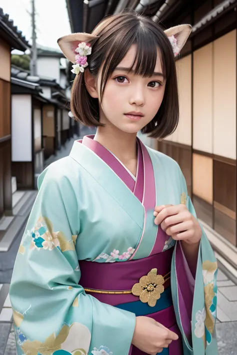 Brown fox ears、one girl, (a beauty girl, delicate girl:1.3), (12 years old, change:1.3),
break, (Long-sleeved kimono, Flower pat...