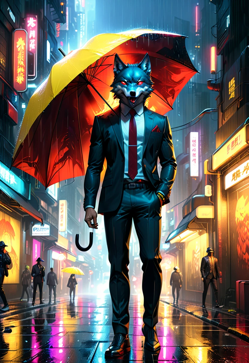 high details, best quality, 16k, RAW, [best detailed], masterpiece, best quality, (extremely detailed), full body, photorealistic, a picture of anthomprh wolf holding an umbrella in cyberpunk street at the rain at night, an epic anthomorph wolf with dynamoc color fur, red glowing eyes, howling to the moon at night, he wears an elegant suit and tie, dark pants, dynamic elegant pants, he is (holding a yellow umbrella: 1.3) ,  in a dark cyberpunk street at night there is a full moon, it is raining, (highest quality:1.2, Very detailed, up to date, Vibrant, Ultra-high resolution, High Contrast, masterpiece:1.2, highest quality, Best aesthetics), best details, best quality, highres, dynamic angle, 16k, [ultra detailed], masterpiece, best quality, (extremely detailed: 1.5), Intense gaze, xh, hand holding umbrella